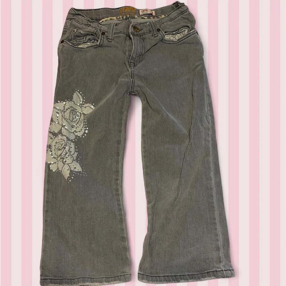 The Children's Place Gray Capri Jeans with Floral Rhinestone Embroidery Size 12
